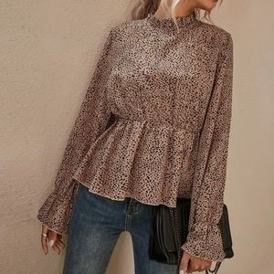 Ruffle neck Dalmatian print blouse